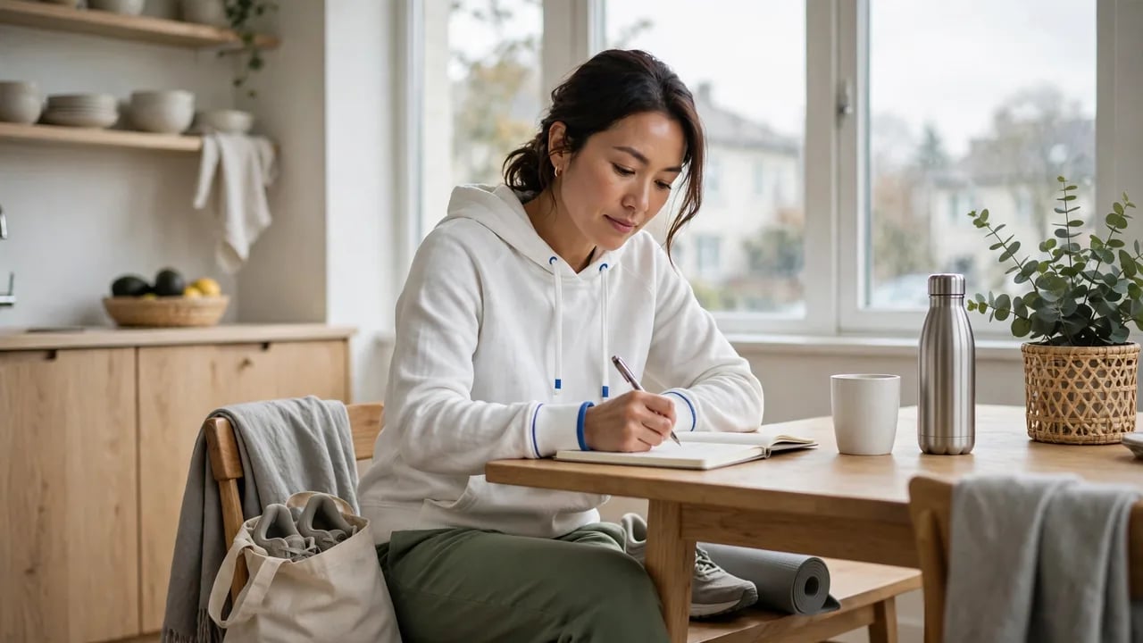 A woman wearing a white hoodie and green pants sits at a wooden table in a bright kitchen, writing in a notebook. Beside her are a water bottle, a coffee mug, and a rolled-up yoga mat.