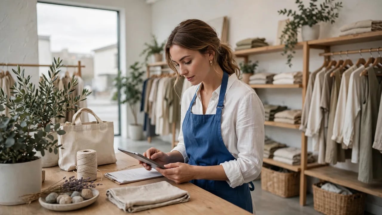 A woman wearing a blue apron stands behind a counter in a boutique, using a digital tablet.