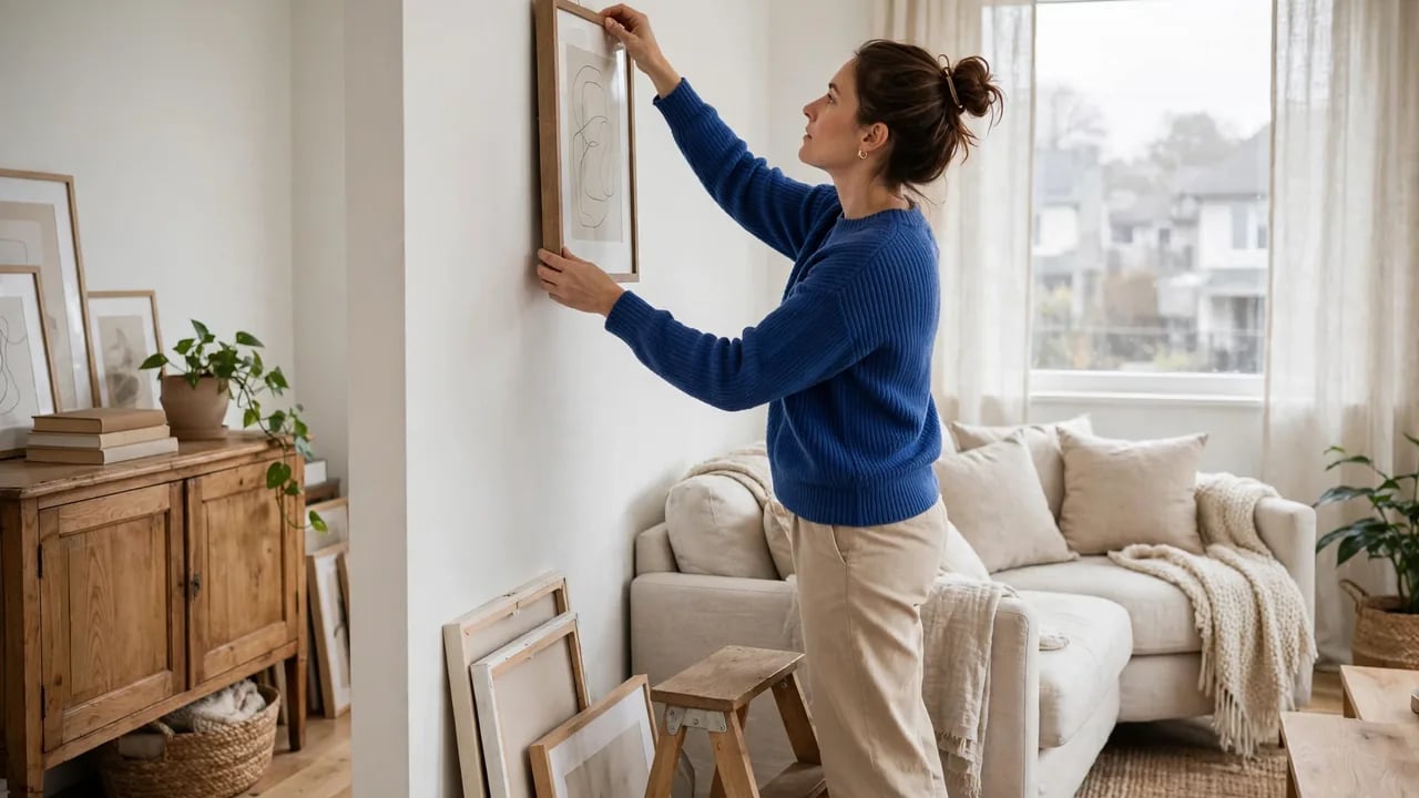 A woman in a blue sweater hanging a framed piece of abstract art on a white wall in a cozy living room with a light sofa and wooden furniture.