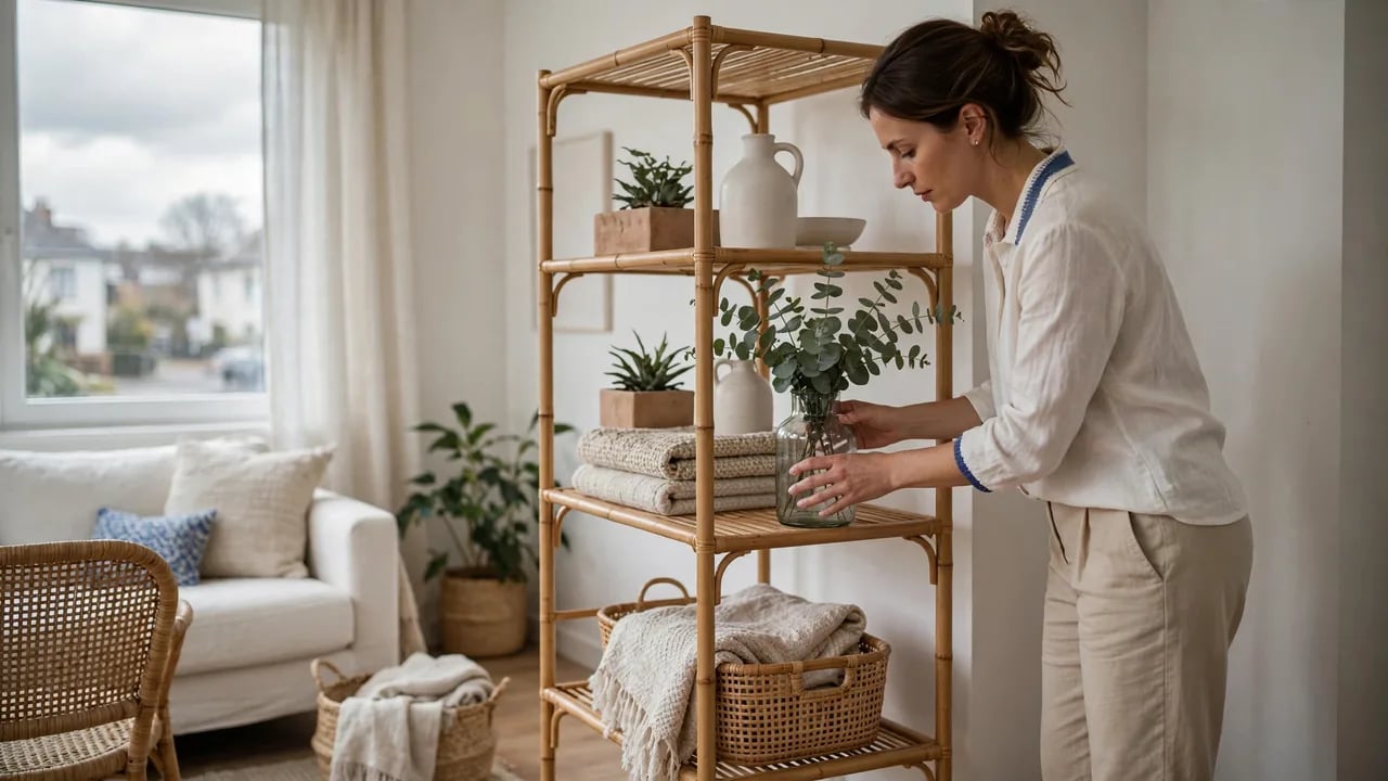 A woman in a white blouse and beige pants arranges a glass vase with eucalyptus branches on a bamboo shelving unit filled with plants, ceramic vases, and folded linens in a living room.