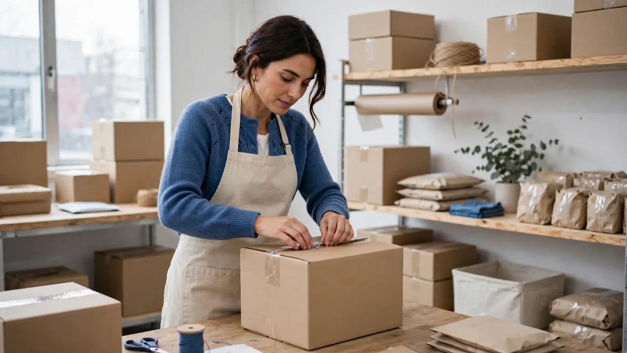 A woman wearing a tan apron over a blue sweater taping a cardboard shipping box shut in a workshop with shelves full of supplies and packages.
