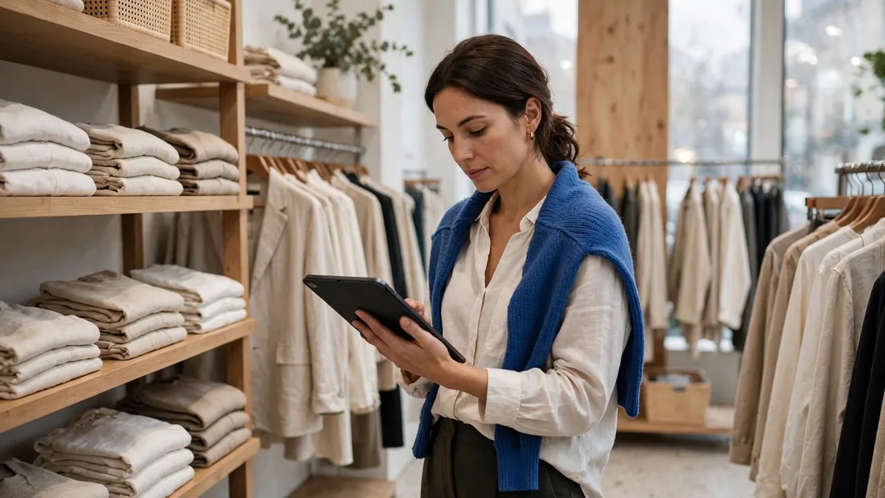 A woman stands in a clothing store holding a tablet in her hands, looking down at the screen while surrounded by clothing racks and folded garments.
