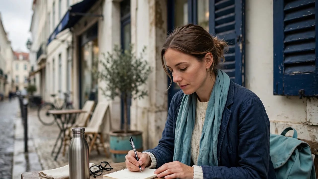 A woman sits at an outdoor table on a city street, writing in a small notebook with a pen.