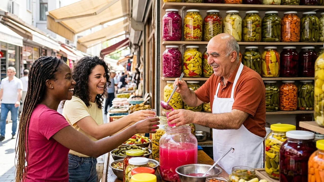 A smiling elderly shopkeeper in an apron serves a pink pickled liquid to two happy female customers at a market stall filled with shelves of glass jars containing various colorful pickled vegetables.