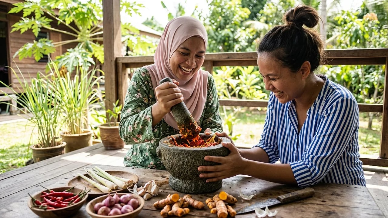 Two women smiling while using a stone mortar and pestle to crush ingredients on a wooden table outdoors.