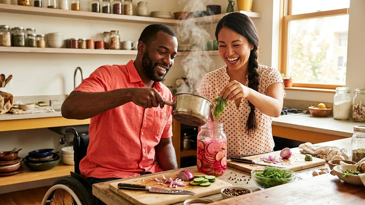 A smiling man in a wheelchair and a woman stand together in a kitchen, pouring hot liquid from a saucepan into a glass jar filled with sliced cucumbers and red onions, with fresh dill in her hand.