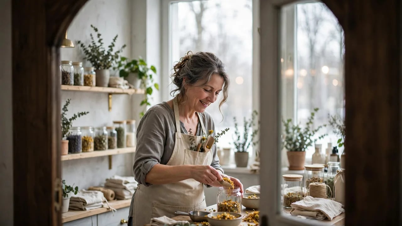 A woman wearing an apron smiling while putting dried herbs into a glass jar in a sunlit room filled with plants and shelves of ingredients.