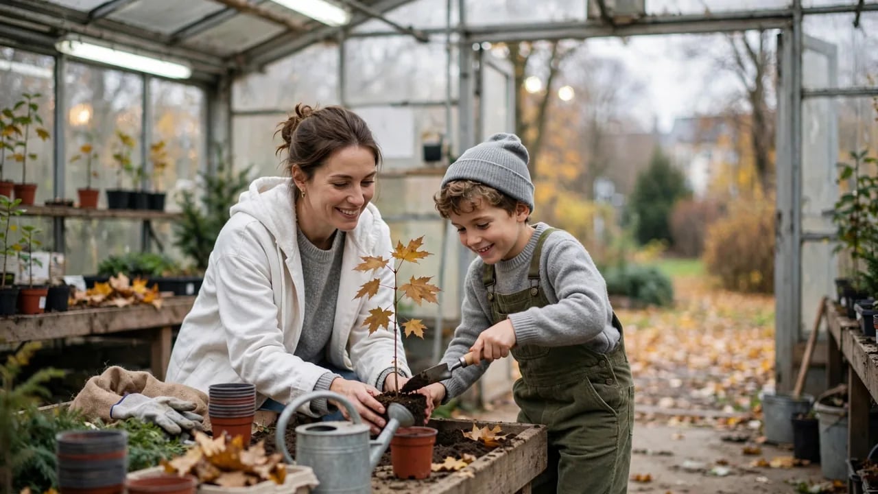 A smiling woman and a young boy wearing a beanie and overalls are planting a small maple sapling in a greenhouse, surrounded by pots and soil.