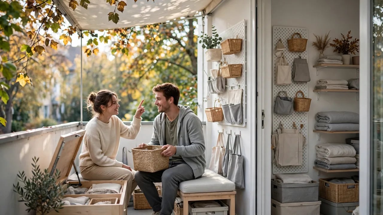 A smiling couple sits on a small balcony filled with organized storage, including wall-mounted pegboards holding baskets and fabric bags, and shelves stacked with folded linens.