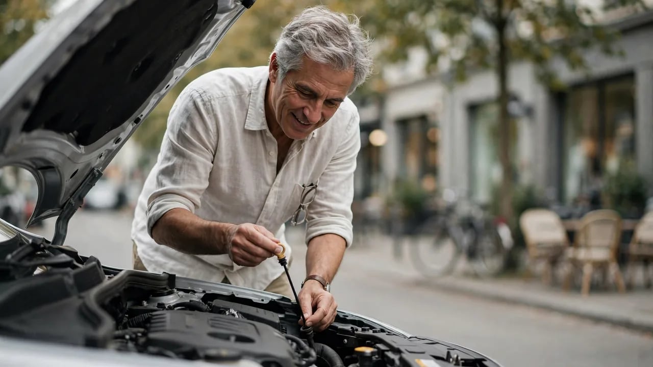 A middle-aged man with gray hair in a white shirt checks the oil level of his car with the hood open on a city street.