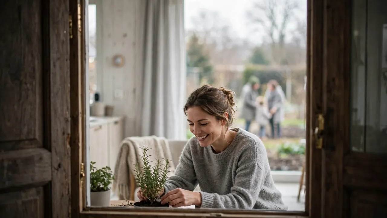 A smiling woman in a gray sweater repots a small rosemary plant in front of a window, with a blurred outdoor family scene in the background.