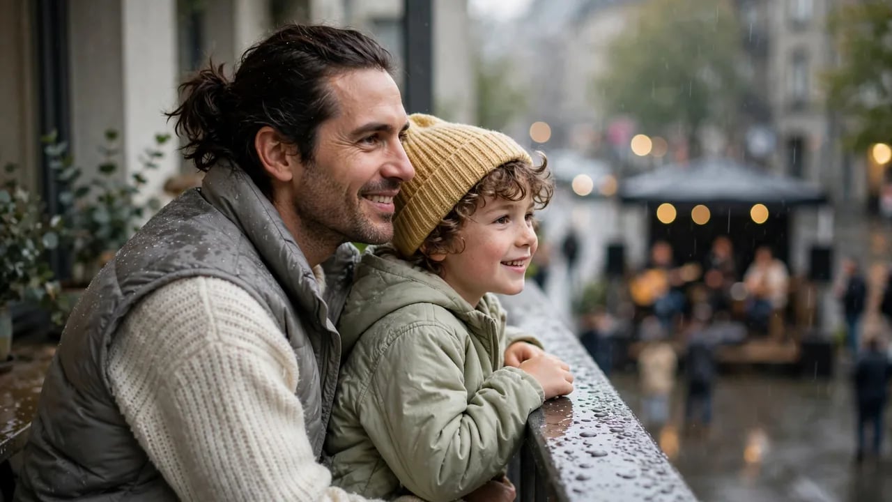 A smiling man with a beard and a young curly-haired boy in a knit hat leaning over a wet balcony railing, watching an outdoor event in the rain.
