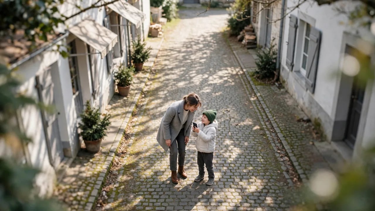 A woman and a young boy standing on a cobblestone street in a village, looking at a smartphone together.