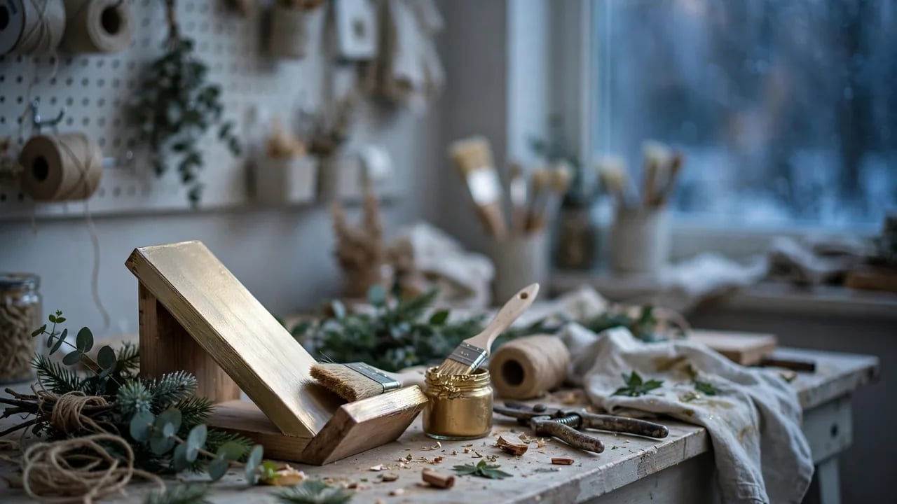 A crafting table features a wooden easel painted gold, with a gold paint jar, a paintbrush, twine, greenery, and various tools, in a softly lit, cozy workshop.