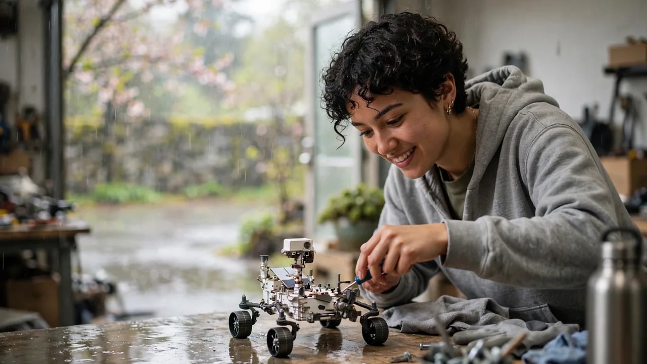 A smiling person with curly dark hair wearing a gray hoodie works on a small rover model on a cluttered workshop table with a rainy garden in the background.