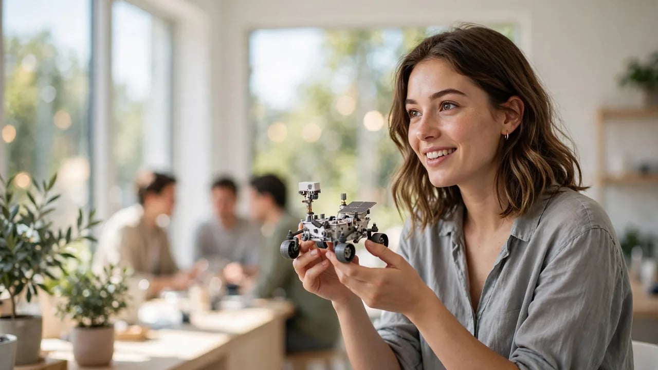 A smiling young woman sitting in a brightly lit room holding a small model of a Mars rover, with blurred figures of people in the background.