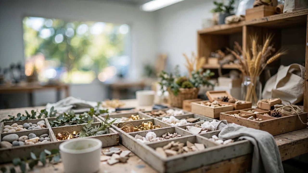 A workshop table filled with wooden organizers containing craft supplies like stones, gold wire, wood scraps, and cotton, with greenery and wheat stalks in the background.