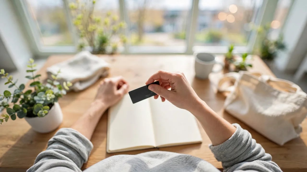 A person sitting at a wooden table holding a blank black credit card over an open notebook, with a small potted plant and other items nearby.