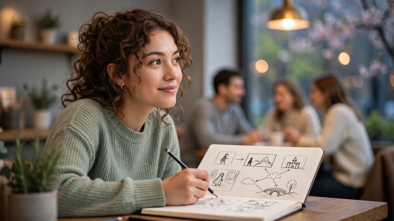 A smiling young woman with curly brown hair sits in a cafe, sketching a diagram of a story progression in her notebook.