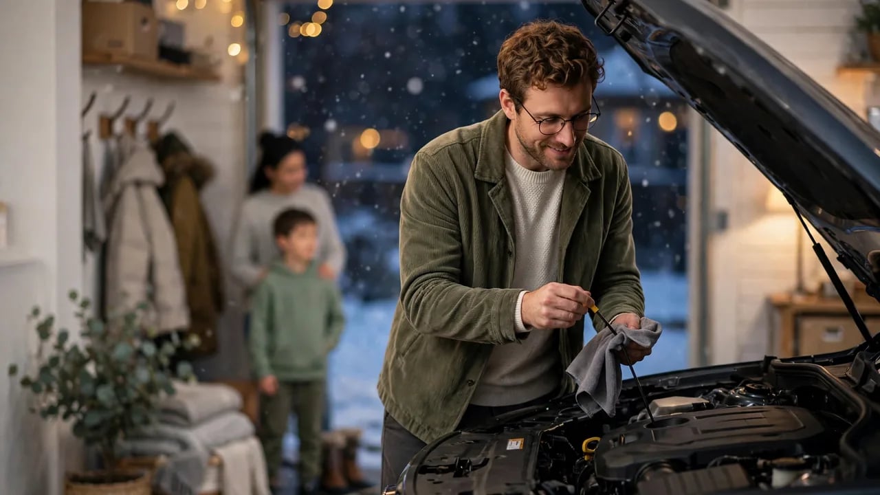 A man in a green corduroy jacket and glasses uses a cloth to check the engine oil dipstick of a car with the hood open inside a garage, while a woman and child stand in the background with snow falling outside.