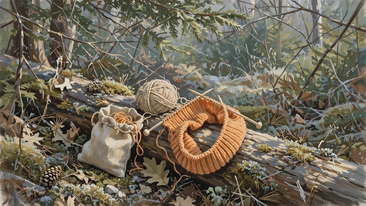 A ball of yarn, a small burlap pouch, and knitting needles with orange fabric work in progress resting on a fallen mossy log in a forest setting.