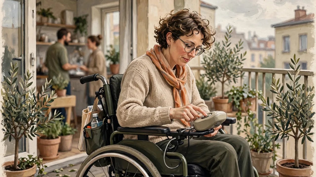 A woman in a wheelchair sitting on a balcony, using a small assistive technology device, with a couple in the background.