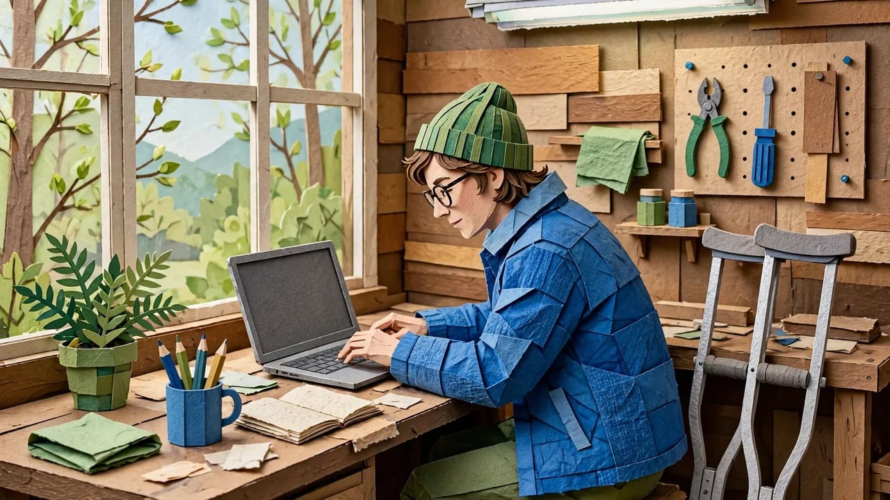 A person wearing a green beanie and blue jacket sitting at a wooden desk using a laptop, depicted in a papercraft style with a window, a small plant, pencils, and crutches nearby.
