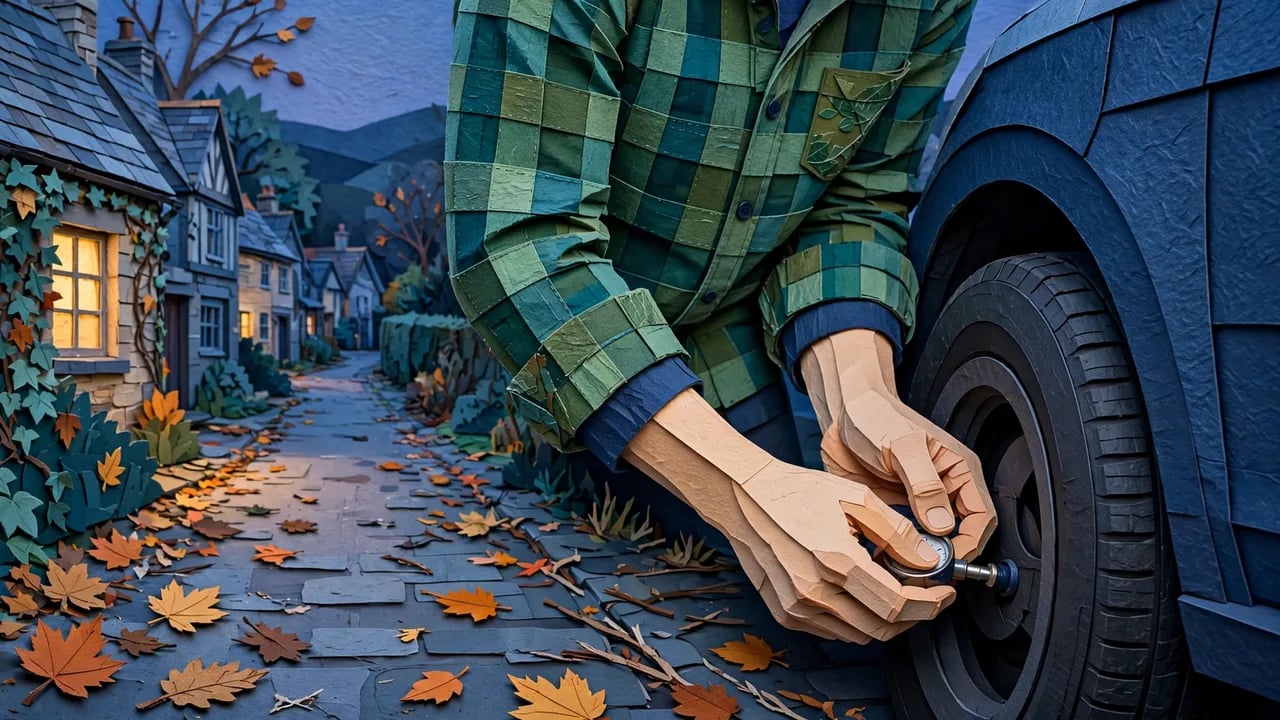 A paper-craft style illustration of a person in a green plaid shirt checking a car tire pressure gauge on a cobblestone street lined with cottages during autumn.