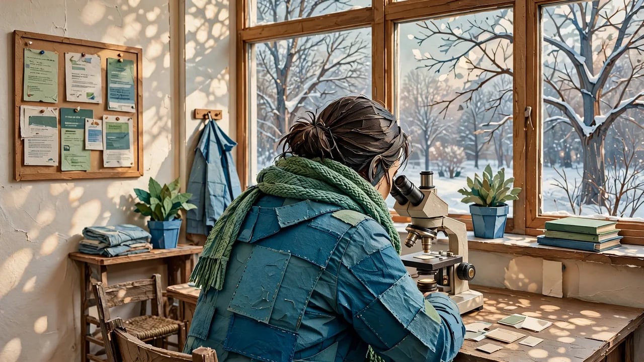 A person viewed from behind, wearing a blue jacket and green scarf, sits at a desk looking through a microscope in a sunlit room with a snowy scene visible through a large window.