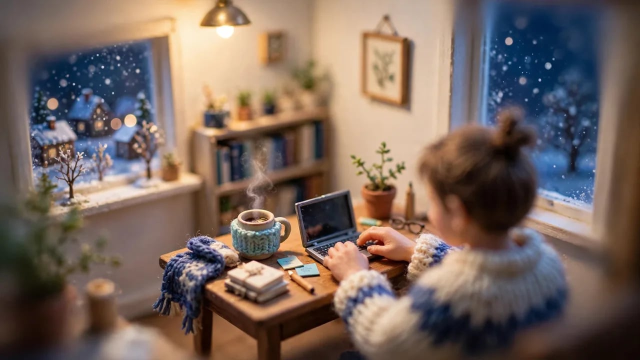 A person wearing a cozy sweater typing on a small laptop at a desk, with a steaming mug, books, and a snowy window scene in the background.