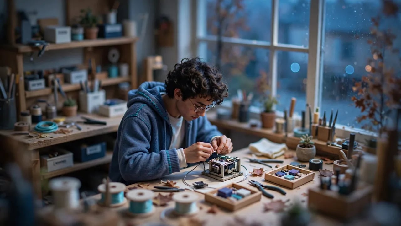 A person with curly hair and glasses works on a small electronic circuit at a cluttered wooden workbench by a window.