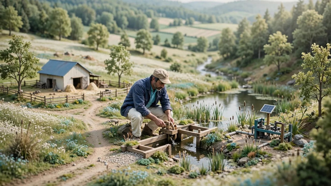 A man in a blue shirt and cap crouching by a small pond in a rural landscape, adjusting a wooden water wheel connected to a pump with a small solar panel nearby.
