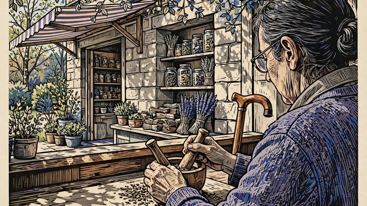 An elderly person with glasses and a bun using a mortar and pestle at a wooden counter. Behind them, a shop exterior is visible with shelves of glass jars, bundles of dried herbs, and potted plants outside under a striped awning.