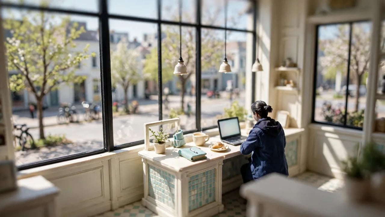 A person sitting at a desk in a cafe with a laptop, facing a large window overlooking a street, rendered in a miniature diorama style.