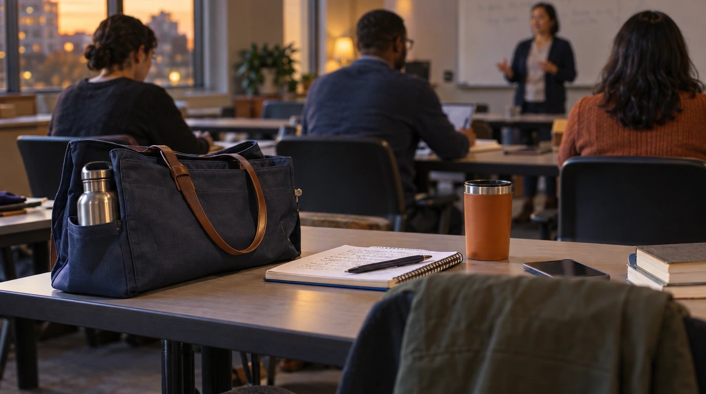 A work bag and notebook at a desk in an evening classroom.