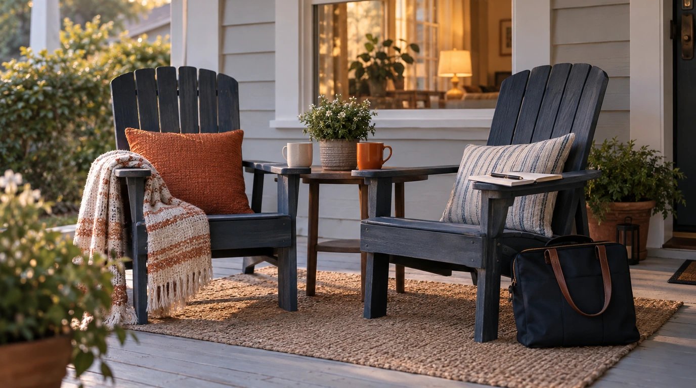Two chairs on a quiet porch with a work bag and notebook.