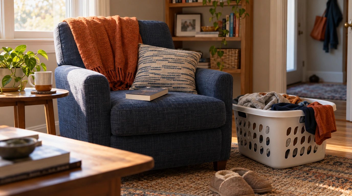 A paperback on an armchair while a laundry basket waits nearby.