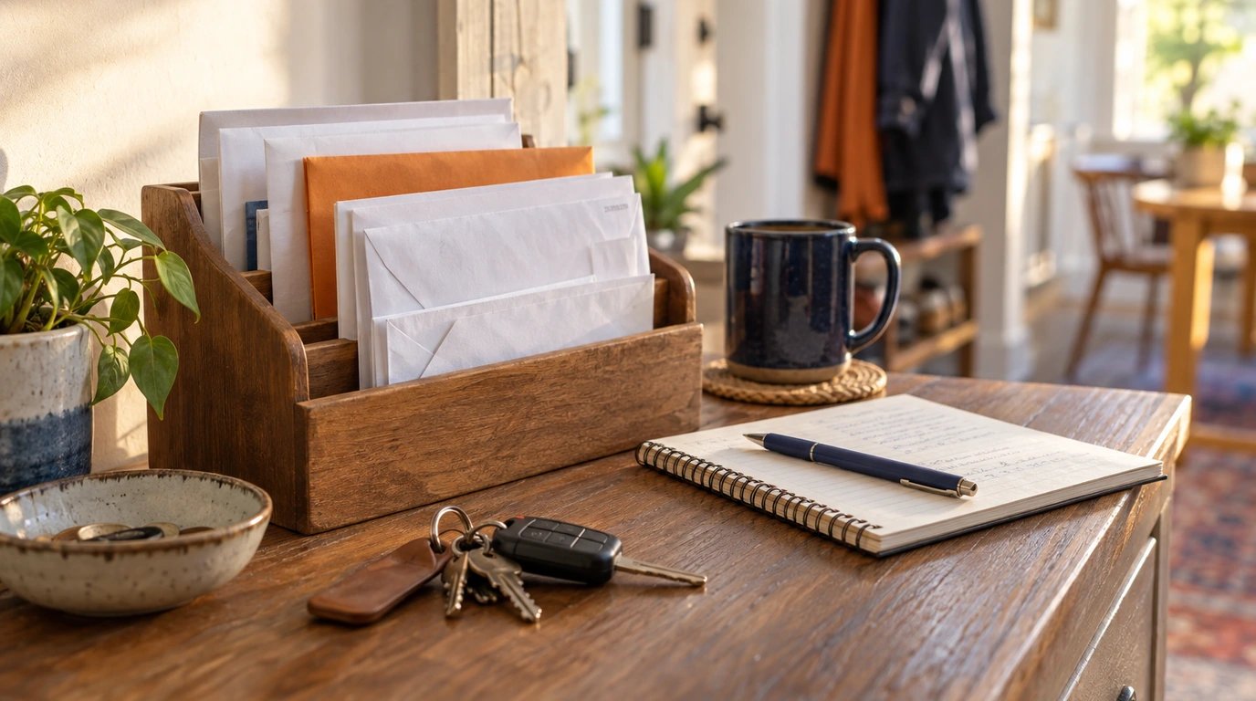 A wooden sorter holding plain envelopes beside a notebook and keys.