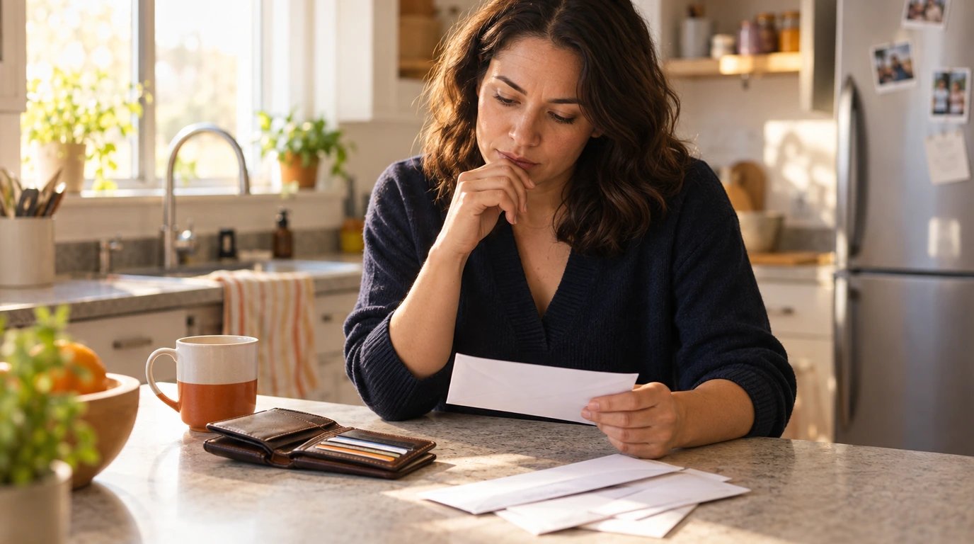 A wallet, plain envelopes and a mug on a kitchen counter.