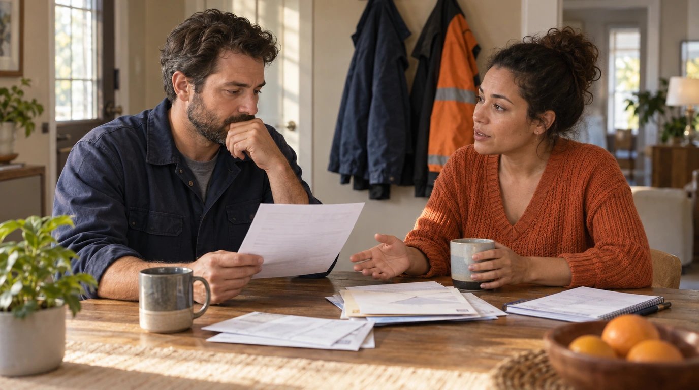 Two mugs and household envelopes beneath two work coats.