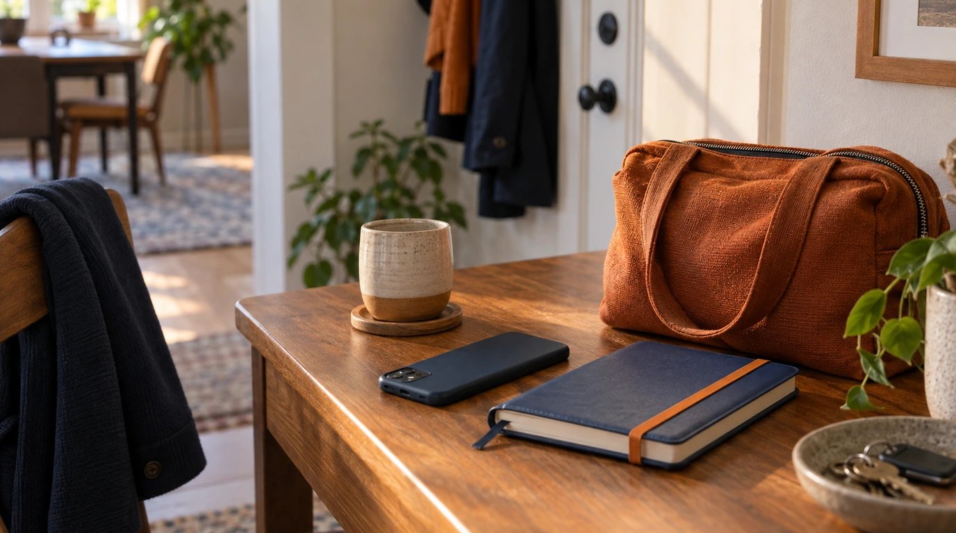 A face-down phone and closed calendar beside a zipped personal bag.