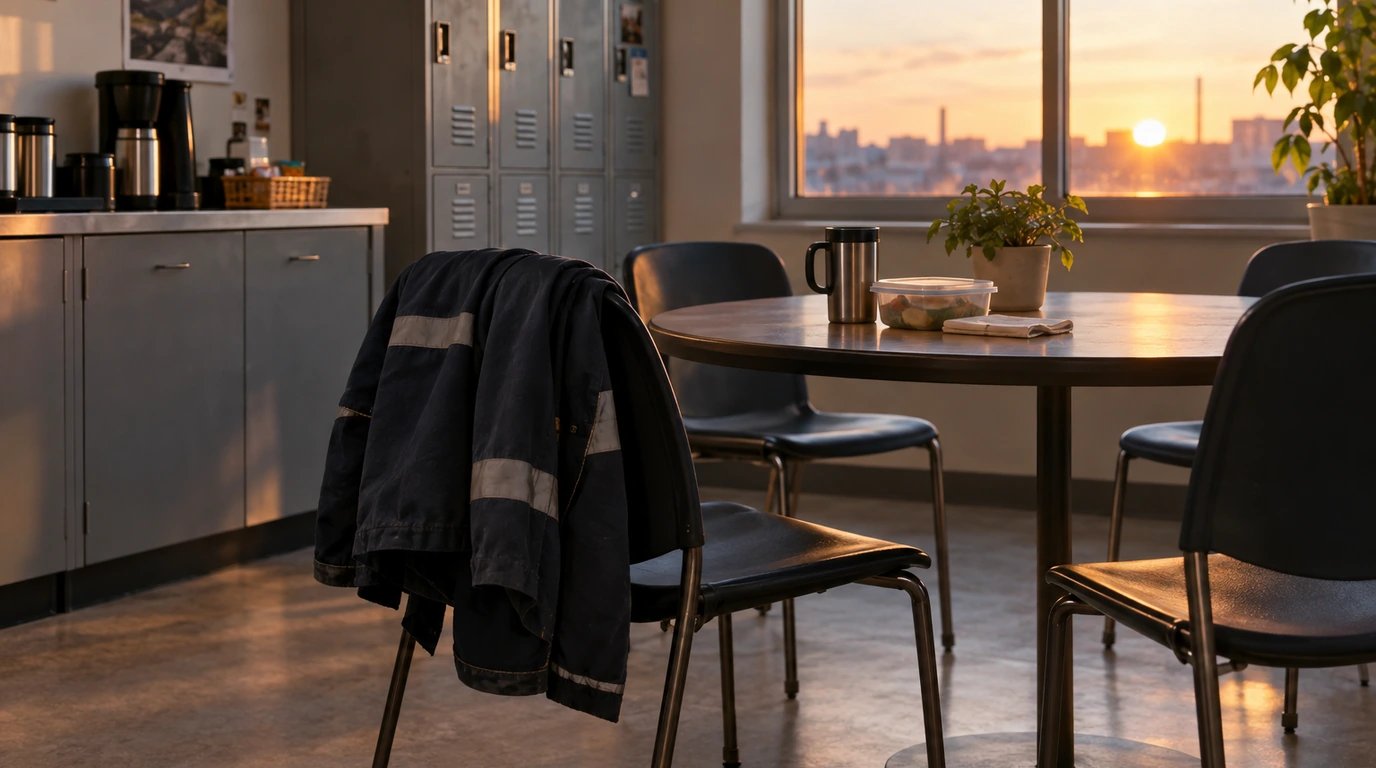 A work jacket on an empty chair in a staff rest area at dawn.