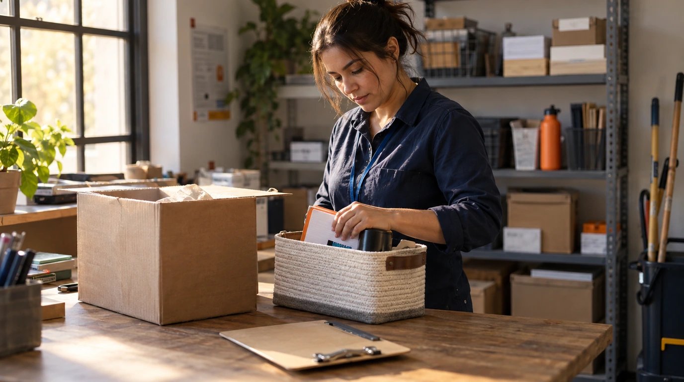 A worker sorts supplies beside a delivery carton, cloth basket and clipboard in a workplace supply area.