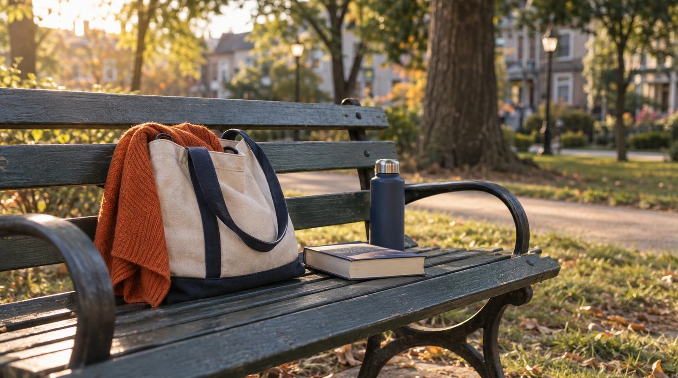 A book and tote on a quiet neighborhood park bench.