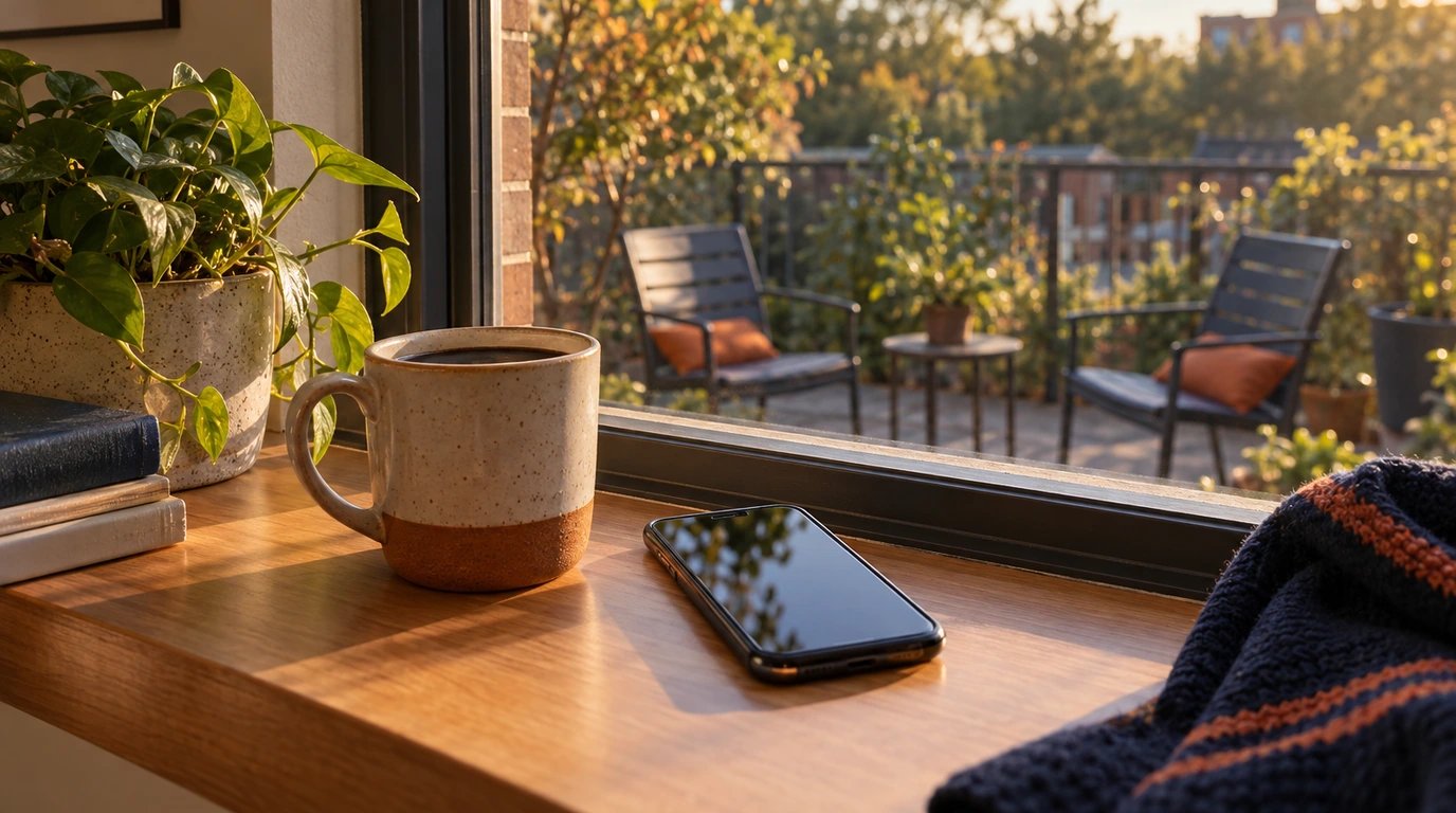A phone and cup on a windowsill overlooking two empty patio chairs.
