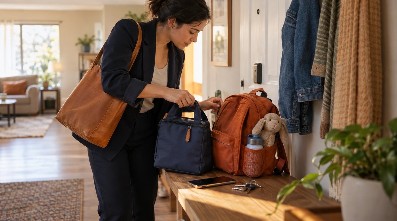 A lunch bag and child pickup bag paused in an apartment entryway beside a phone.