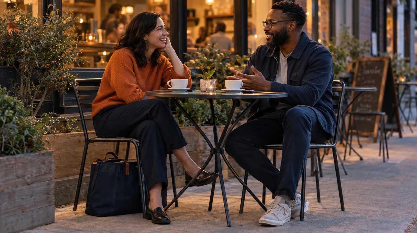 Two cups at a neighborhood outdoor table with a work bag under one chair.