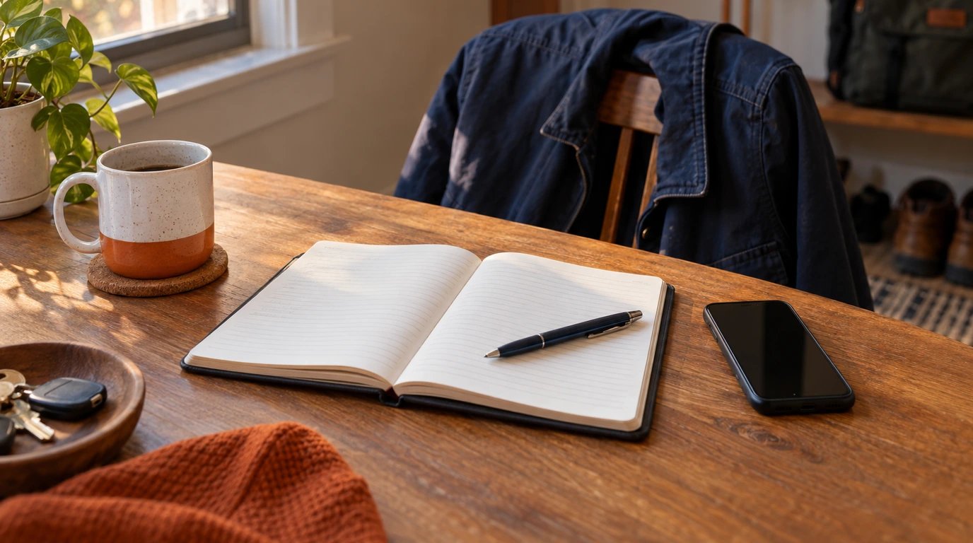 An open blank notebook, pen and phone beside a work jacket.