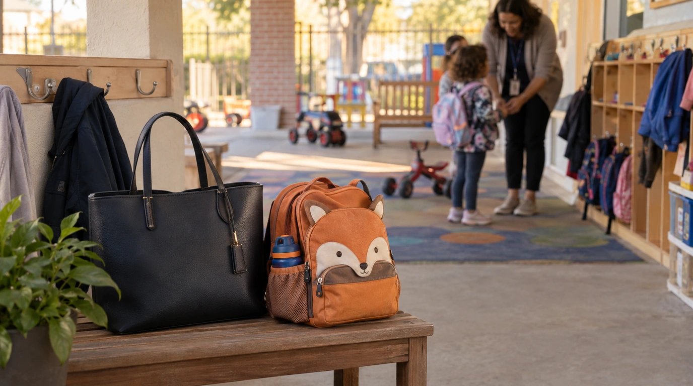 A work tote and child backpack in a covered child care pickup area.