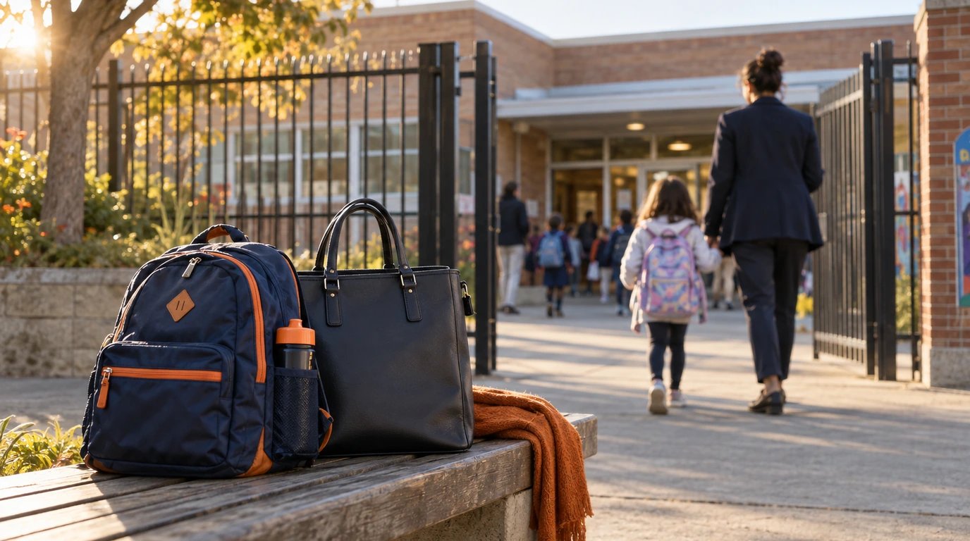 A school gate with a child backpack and work bag in the foreground.